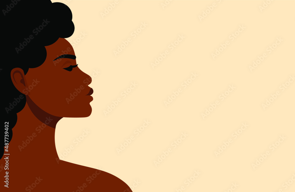 Young beautiful black girl in profile. Side view of an African-American woman with curly hair. Horizontal banner.

