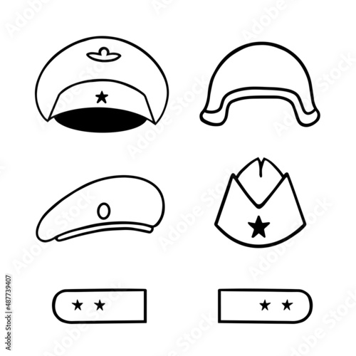 Military caps, helmet, beret, garrison cap. Vector Illustration for printing, backgrounds, covers, packaging, greeting cards, posters, stickers and seasonal design. Isolated on white background.