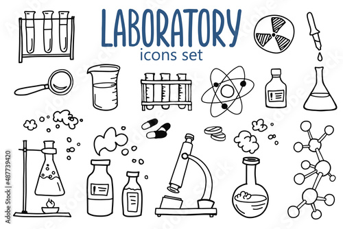 Laboratory or chemistry symbols icon set. Medicine biology science doodle design. Medical education and study concept. Hand drawn cartoon illustration.