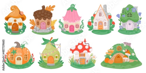 Cartoon little fantasy houses for fairies, elves, gnomes or dwarfs. Mushroom, pumpkin and flower cute fairytale homes in forest vector set