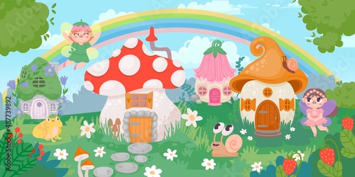 Magic forest village landscape with little houses and fairy. Flower and mushroom fantazy homes for gnomes. Fairytale panorama vector scene