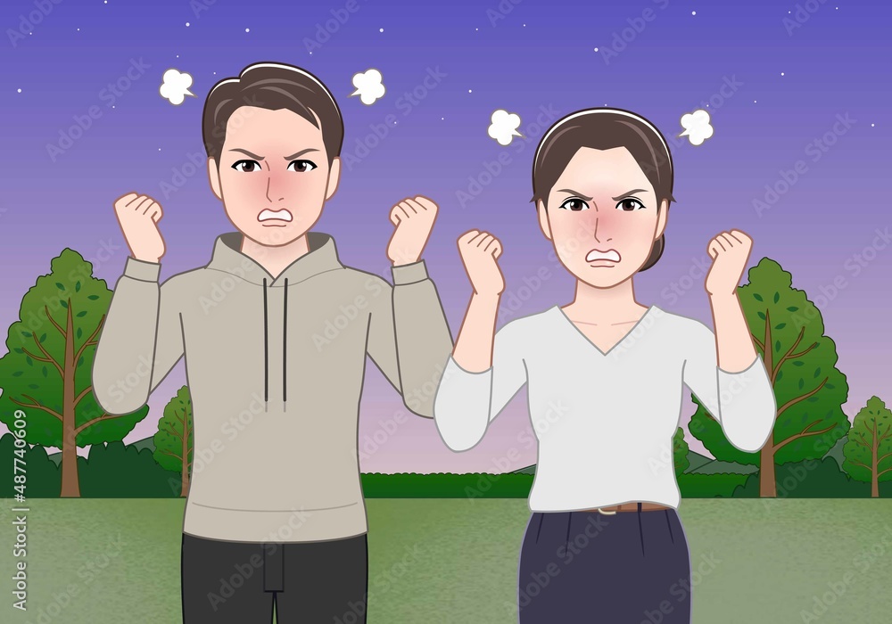 夜の公園にいる若い男女 夜の公園にいる若い男女