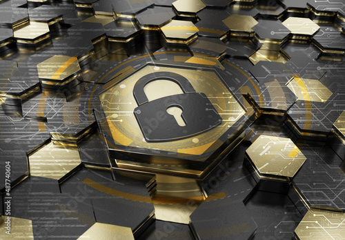 Web security icon concept engraved on gold metal hexagonal pedestral background. Padlock Logo glowing on abstract digital surface. 3d rendering