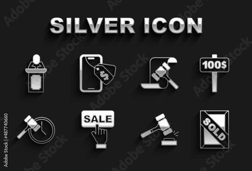 Set Price tag with Sale, Hand holding auction paddle, Auction painting sold, hammer, auctioneer sells and Online icon. Vector