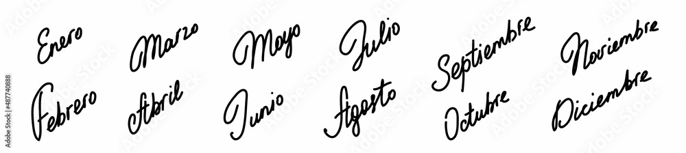 Name of the twelve months of the year in Spanish. Lettering of calendar months. Vector illustration Name of the twelve months of the year in Spanish. Lettering of calendar months. Vector illustration