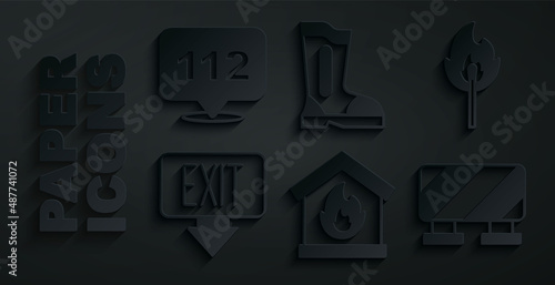 Set Fire in burning house, Burning match with fire, exit, Road barrier, boots and Emergency call icon. Vector