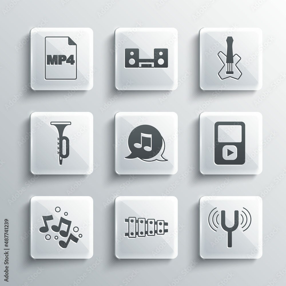 Set Xylophone, Musical tuning fork, player, note, tone, Trumpet, MP4 file document and Electric bass guitar icon. Vector Set Xylophone, Musical tuning fork, player, note, tone, Trumpet, MP4 file document and Electric bass guitar icon. Vector
