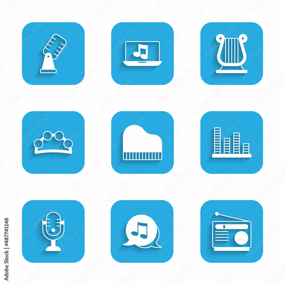 Set Grand piano, Music note, tone, Radio, equalizer, Microphone, Tambourine, Ancient Greek lyre and icon. Vector Set Grand piano, Music note, tone, Radio, equalizer, Microphone, Tambourine, Ancient Greek lyre and icon. Vector