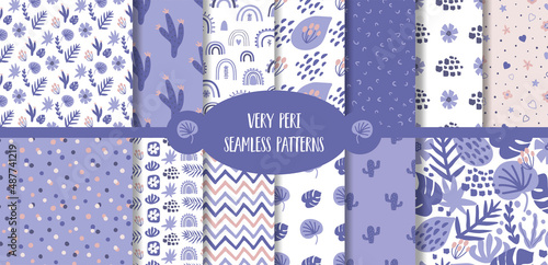 Very peri pattern set. Blue floral tropical pattern collection. Summer nature botanical design. Hand drawn vector illustration.