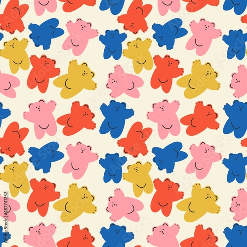 Colorful jelly gummies seamless pattern. Pattern, ornament. Sweets background. Hand drawn doodle. Flat design, cartoon, vector illustration. Template for printing on paper, fabric.