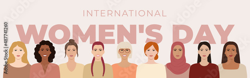 Women with different hairstyles, skin colors, races, ages stand together. Diverse portraits of smiling women. Female empowerment. Girl power. Flat vector illustration.