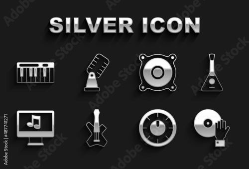 Set Electric bass guitar, Balalaika, DJ playing music, Sound mixer controller, Computer with note, Stereo speaker, Music synthesizer and Microphone icon. Vector