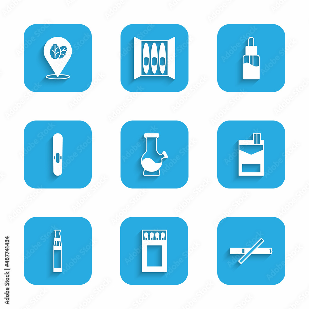 Set Bong, Matchbox and matches, No smoking, Cigarettes pack, Electronic cigarette, Vape liquid bottle and Tobacco leaf icon. Vector Set Bong, Matchbox and matches, No smoking, Cigarettes pack, Electronic cigarette, Vape liquid bottle and Tobacco leaf icon. Vector