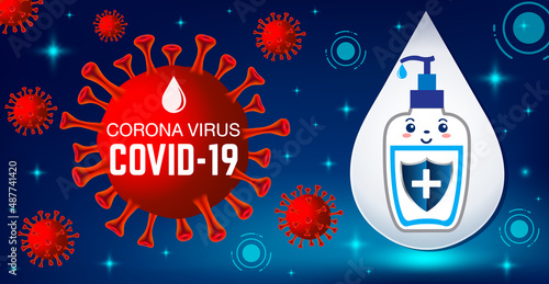 Covid-19. coronavirus outbreak design with virus cell in microscopic view and alcohol gel on blue background
