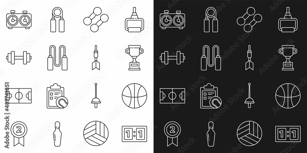 Set line Sport mechanical scoreboard, Basketball ball, Award cup, Dumbbell, Jump rope, Time chess clock and Dart arrow icon. Vector Set line Sport mechanical scoreboard, Basketball ball, Award cup, Dumbbell, Jump rope, Time chess clock and Dart arrow icon. Vector