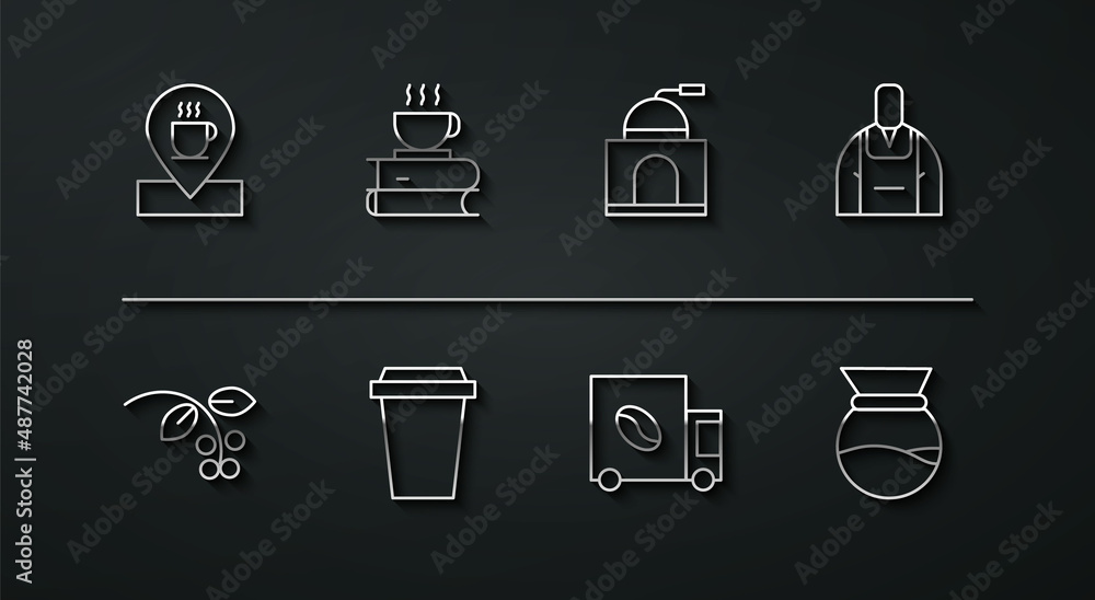 Set line Location with coffee cup, Coffee bean, branch, Barista, street truck machine, to go, and book, Pour over maker and Manual grinder icon. Vector Set line Location with coffee cup, Coffee bean, branch, Barista, street truck machine, to go, and book, Pour over maker and Manual grinder icon. Vector