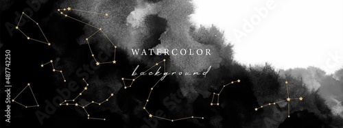 Vector watercolour horizontal universal background with Astrology elements, space objects, stars and copy space for text	