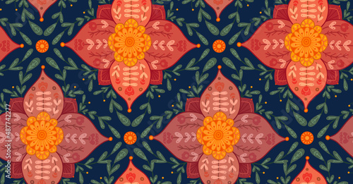 Vector tiled seamless floral pattern with folk ornament. Tiled texture with rural flat flowers composition on dark blue background. Natural naive wallpaper with petals and stems