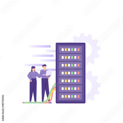 illustration of a team doing maintenance and repairs on a server device. server admin, database management staff. work and profession. flat cartoon style. vector design. element