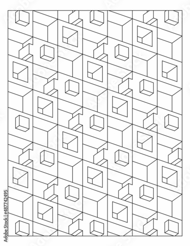 3D illusion pattern of stacking holed boxes and cubes. Fun coloring pages. Digital detox. EPS8 #465