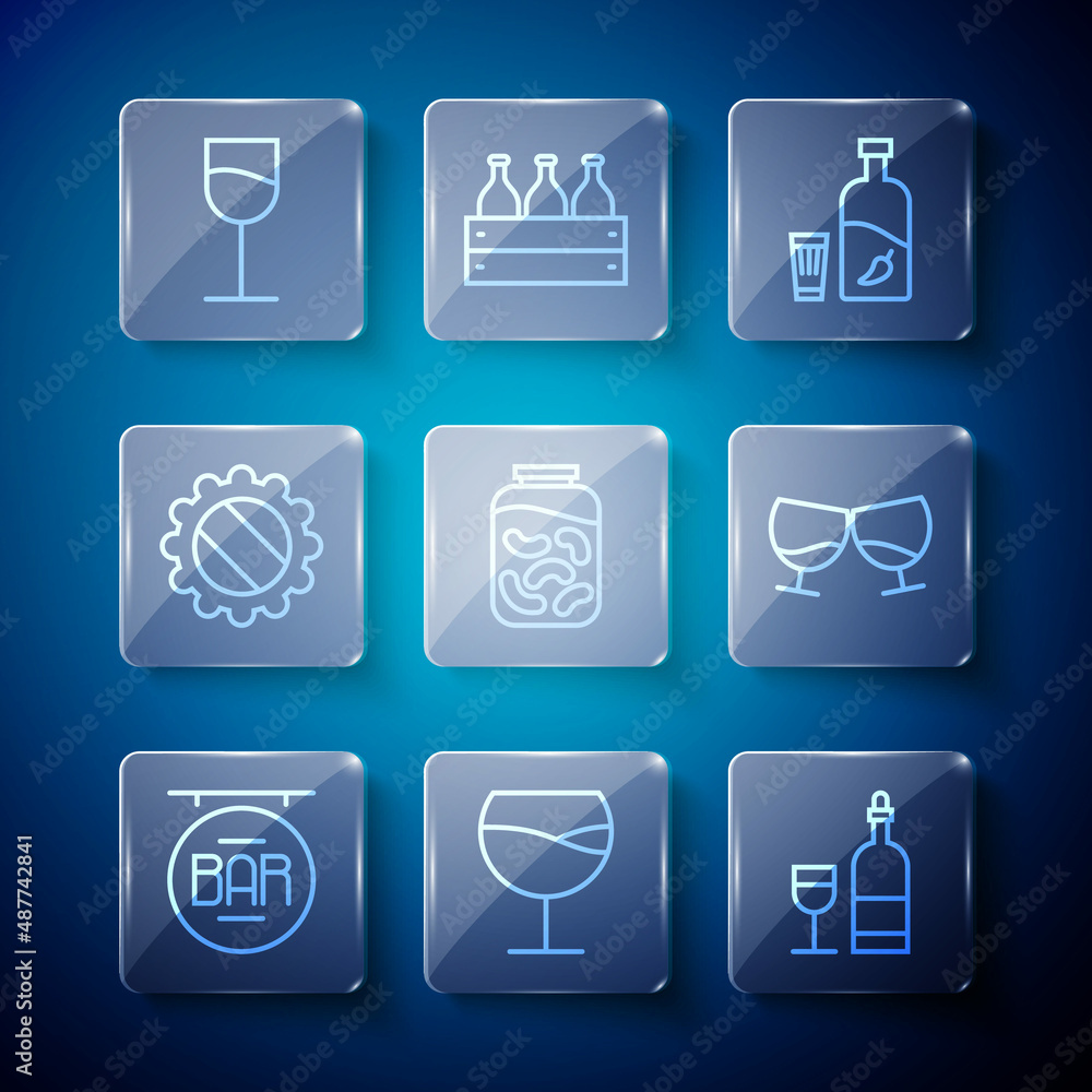 Set line Street signboard with Bar, Wine glass, bottle, Vodka pepper and, Pickled cucumbers jar, Bottle cap, and Glass of cognac or brandy icon. Vector Set line Street signboard with Bar, Wine glass, bottle, Vodka pepper and, Pickled cucumbers jar, Bottle cap, and Glass of cognac or brandy icon. Vector