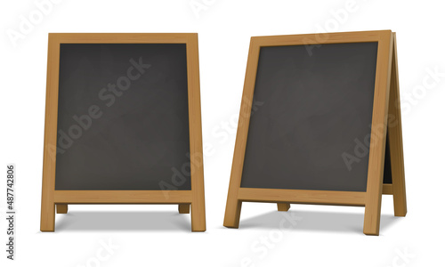 Outdoor chalk menu blackboard stand with wood frame. Realistic chalkboard easel for cafe or restaurant. Street advertising board vector set