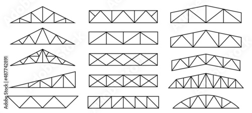 Set of roof metal trusses constructions. Icons of Roofing steel frames. Vector architectural blueprint. Collection of elements for rafter. Illustration for engineering education