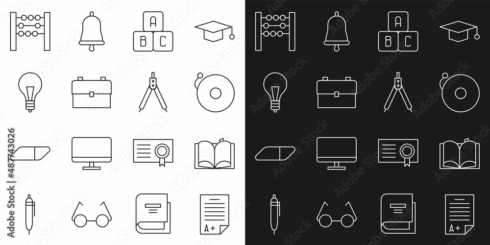 Set line Exam sheet with A plus grade, Open book, Ringing alarm bell, ABC blocks, School backpack, Light bulb concept of idea, Abacus and Drawing compass icon. Vector Set line Exam sheet with A plus grade, Open book, Ringing alarm bell, ABC blocks, School backpack, Light bulb concept of idea, Abacus and Drawing compass icon. Vector