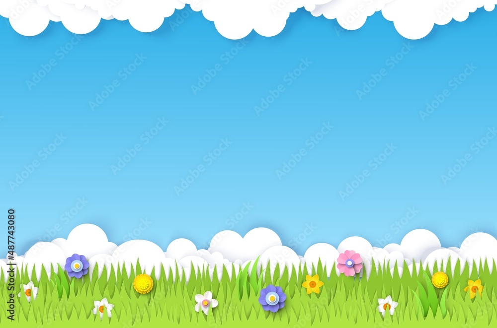 Spring field, vector paper cut illustration. Green grass, spring flowers, blue sky with white clouds. Nature landscape.