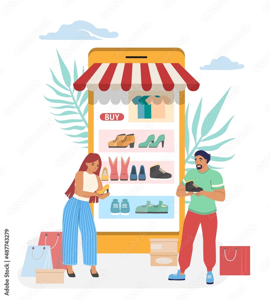 People choosing shoes in online shop, vector illustration. Internet store, mobile shopping, ecommerce. People choosing shoes in online shop, vector illustration. Internet store, mobile shopping, ecommerce.