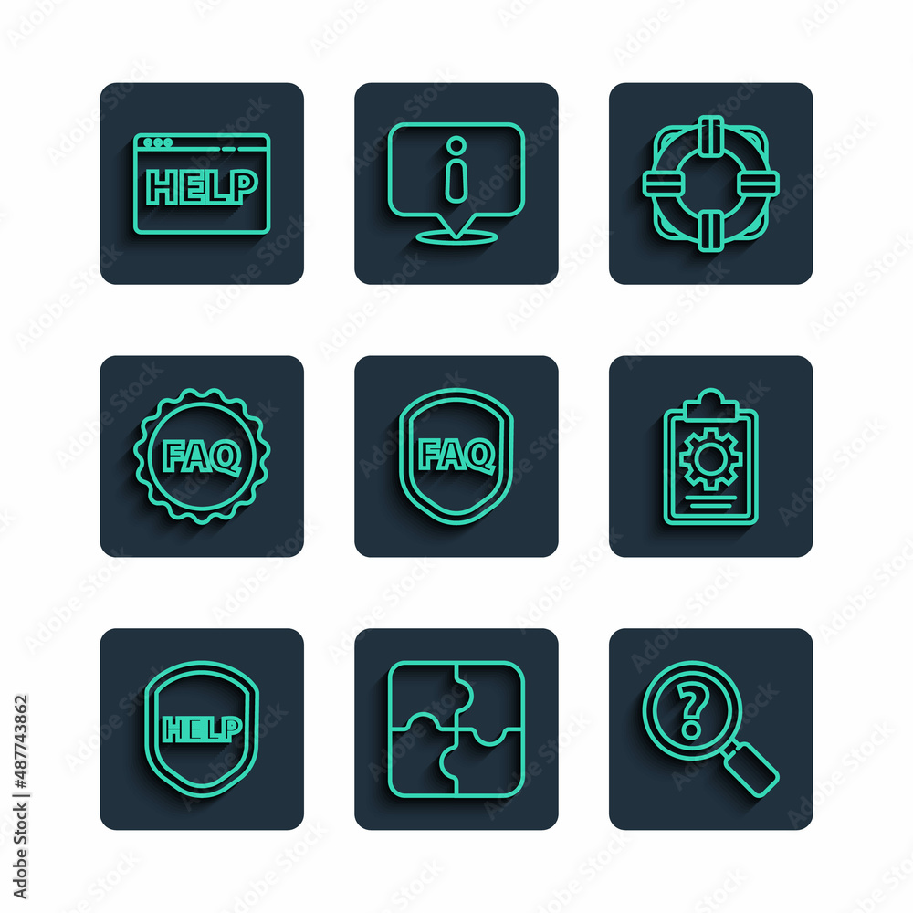 Set line Shield with text Help, Piece of puzzle, Unknown search, Lifebuoy, FAQ, Label, Browser help and Checklist 24 hours service icon. Vector Set line Shield with text Help, Piece of puzzle, Unknown search, Lifebuoy, FAQ, Label, Browser help and Checklist 24 hours service icon. Vector