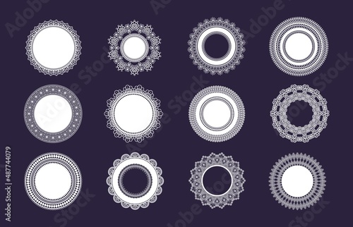 Circle lace doily, napkins with laser cutted frill. Round plates for cakes with floral ornament. Classic wedding table decoration vector set