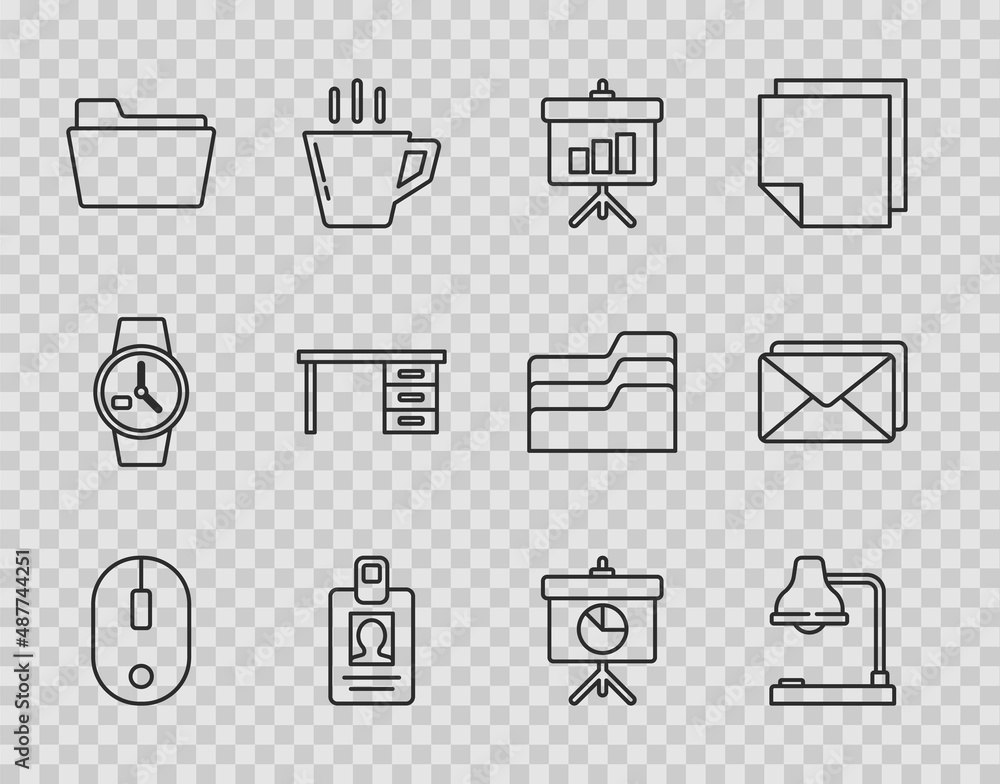 Set line Computer mouse, Table lamp, Chalkboard with diagram, Identification badge, Document folder, Office desk, and Envelope icon. Vector Set line Computer mouse, Table lamp, Chalkboard with diagram, Identification badge, Document folder, Office desk, and Envelope icon. Vector