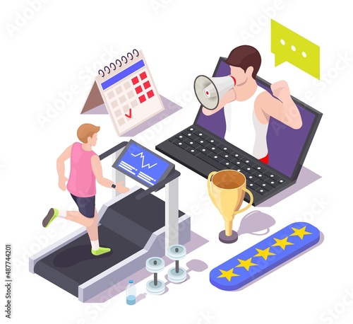 Man running on treadmill, training with personal coach, vector isometric illustration. Online fitness, home workout.