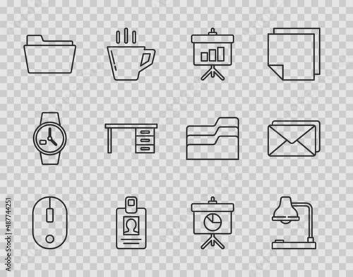 Set line Computer mouse, Table lamp, Chalkboard with diagram, Identification badge, Document folder, Office desk, and Envelope icon. Vector