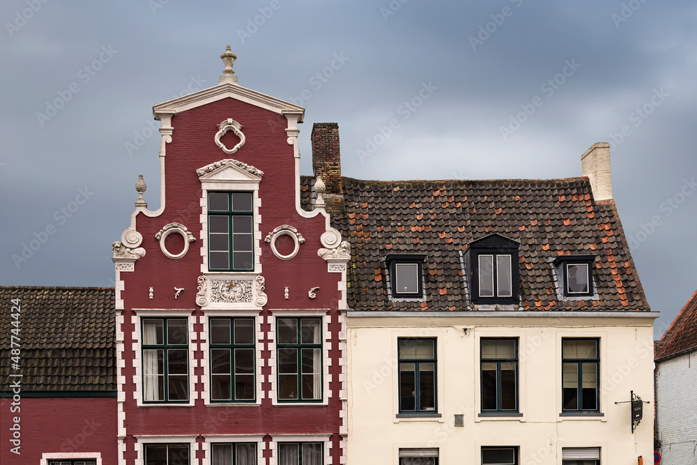Old buildings in Langerei street in  Bruges, the historic city In Flemish region of Belgium