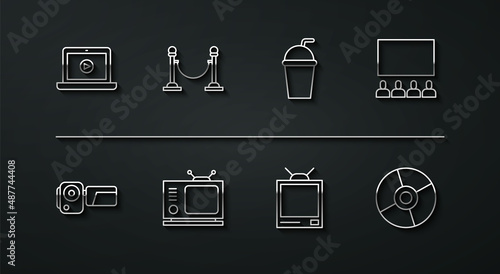 Set line Online play video, Cinema camera, auditorium with screen, Retro tv, Rope barrier, CD DVD disk and Paper glass straw icon. Vector