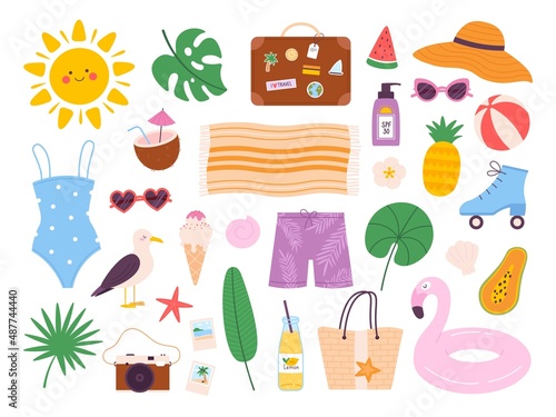 Summer icons, sun, beach bag, swim suit and ice cream. Summertime vacation travel elements. Flat summer tropical seaside stickers vector set