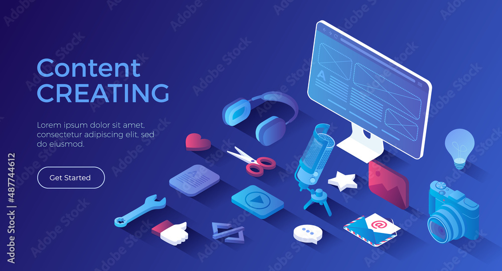 Content creating Marketing strategy. Content management and planning, analysis and optimization. Isometric landing page. Vector web banner. Content creating Marketing strategy. Content management and planning, analysis and optimization. Isometric landing page. Vector web banner.