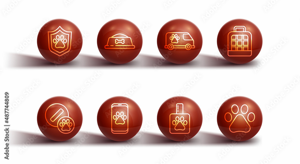 Set line Animal health insurance, Dog pill, Pet carry case, shampoo, Veterinary clinic, food bowl, Paw print and ambulance icon. Vector Set line Animal health insurance, Dog pill, Pet carry case, shampoo, Veterinary clinic, food bowl, Paw print and ambulance icon. Vector