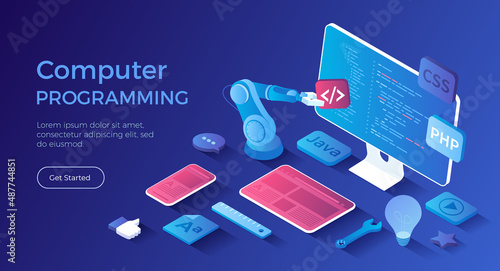Computer programming, software, web, app development. Program code on monitor screen, website template on on tablet and phone. Isometric landing page. Vector web banner.