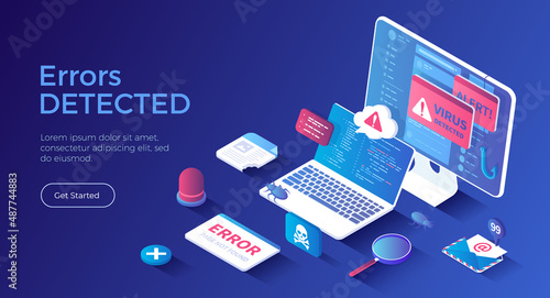 Errors detected. Computer viruses, hacker attack, 404 error page not found. Alert messages, bugs, infected files, spam. Isometric landing page. Vector web banner.