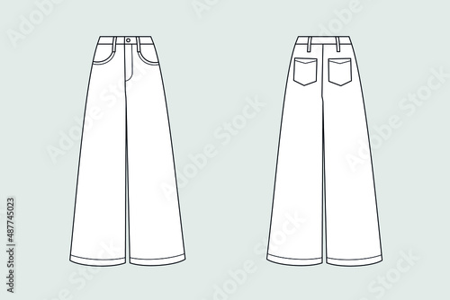 Woman trousers and flared jeans vector template isolated on a grey background. Front and back view. Outline fashion technical sketch of clothes model.