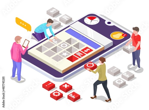Smartphone with time planning app, vector isometric illustration. Organizing, planning controlling of working time.