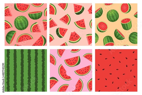 Cartoon watermelon seamless pattern, red texture with seeds. Tropic summer fruit slices and pieces. Watermelon green stripe print vector set