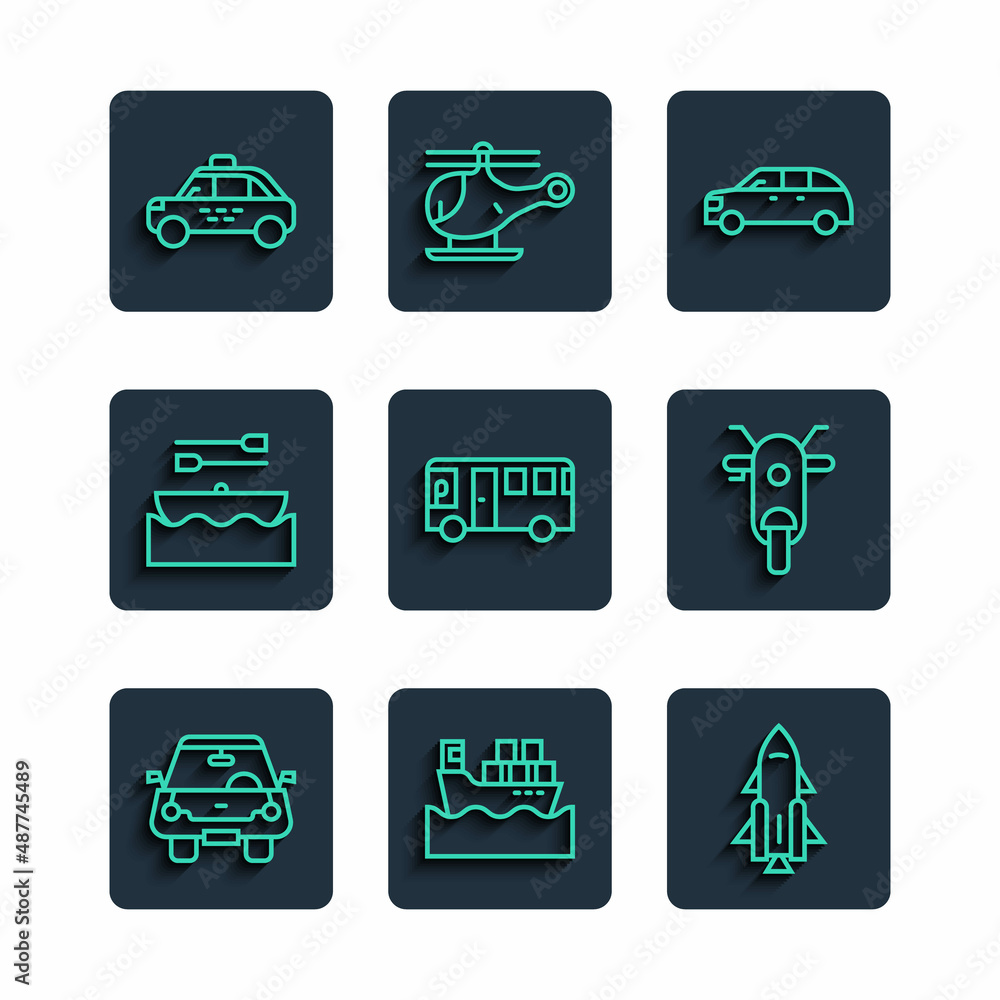 Set line Car, Cargo ship with boxes, Rocket fire, Hatchback car, Bus, Boat oars, Taxi and Scooter icon. Vector Set line Car, Cargo ship with boxes, Rocket fire, Hatchback car, Bus, Boat oars, Taxi and Scooter icon. Vector
