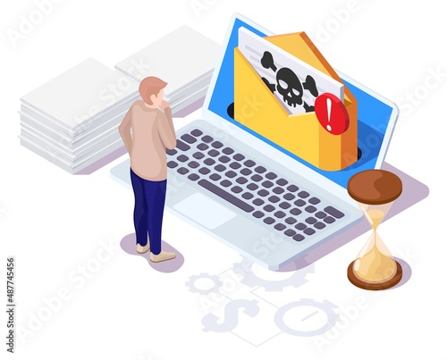 Skull and crossbones in envelope on laptop screen, vector isometric illustration. Hacking mail, piracy, virus, malware.