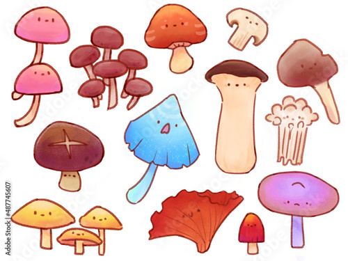 Cute mushroom illustration combination, containing a variety of food cartoon materials.It can be used in children's picture books or poster decoration.