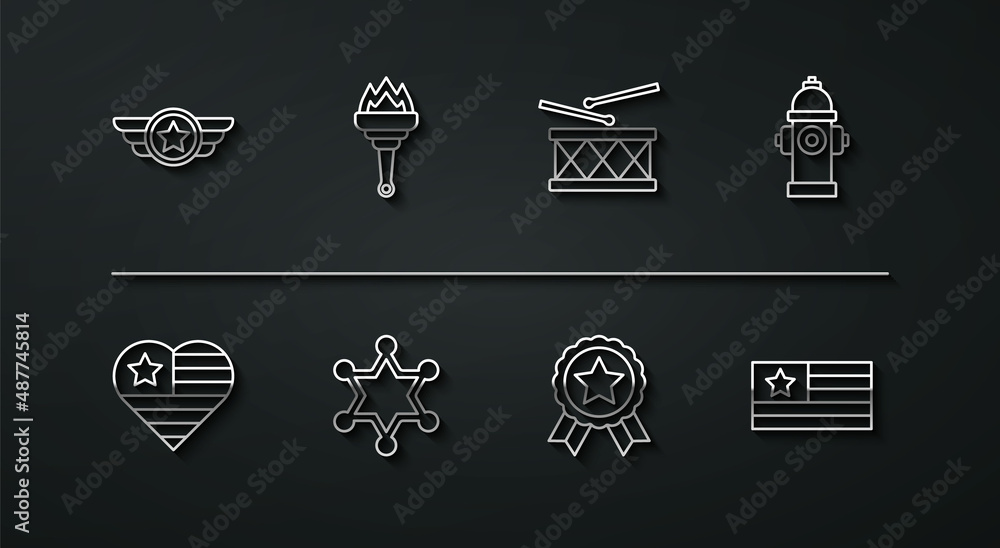Set line Star American military, USA Independence day, Fire hydrant, Medal with star, Hexagram sheriff, Torch flame, flag and Drum and drum sticks icon. Vector