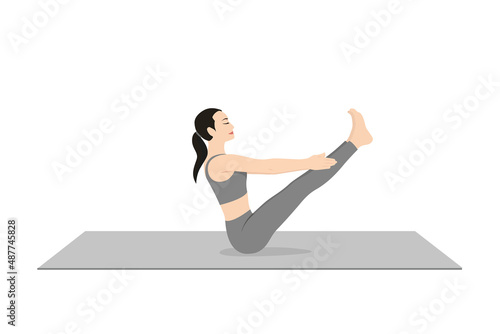 Complete Boat Pose, Naukasana, Navasana. Beautiful girl practice Paripurna Navasana. Young attractive woman practicing yoga exercise. working out, black wearing sportswear, grey pants and top, indoor